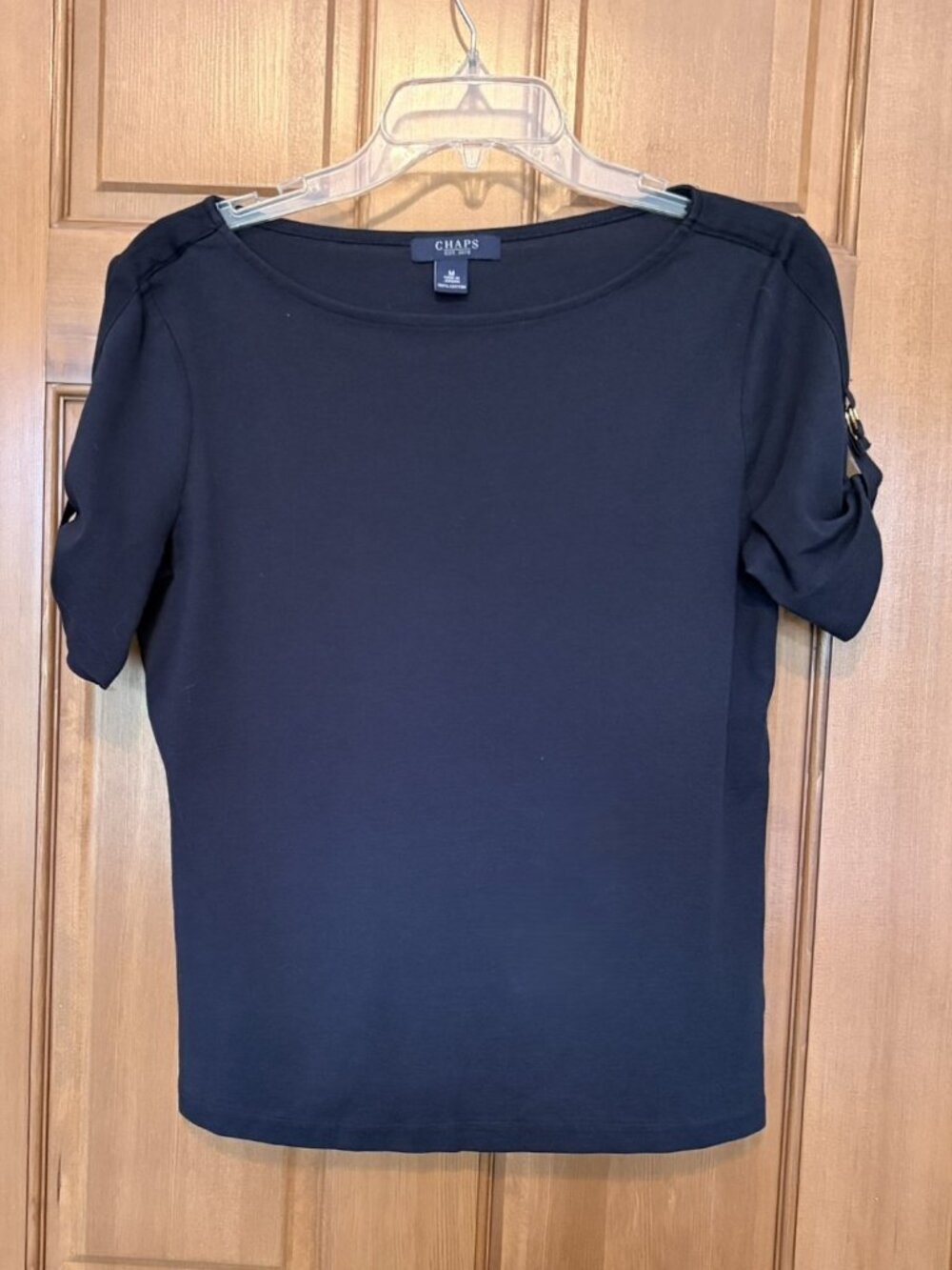 Chaps Navy Short Sleeve Boatneck Tee Gold Buckle Sleeve Detail Large